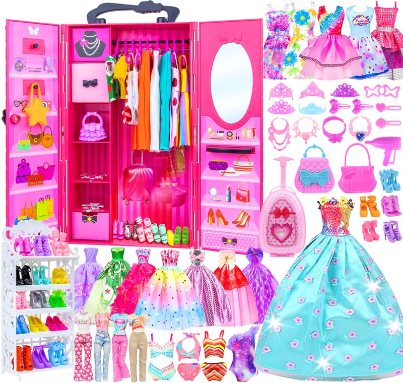 Ecore Fun Fashion Doll Closet Wardrobe for Doll Clothes and Accessories Storage - Lot 102 Items Include Clothes, Dresses, Shoes, Bags, Necklace, Shoes Rack, Hangers for 11.5 Inch Girl Doll Clothes - Image 1